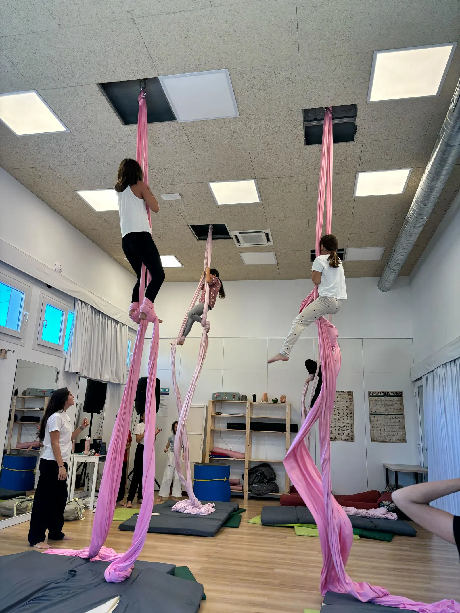 Tres alumnas practican telas aéreas suspendidas en el gimnasio del colegio.